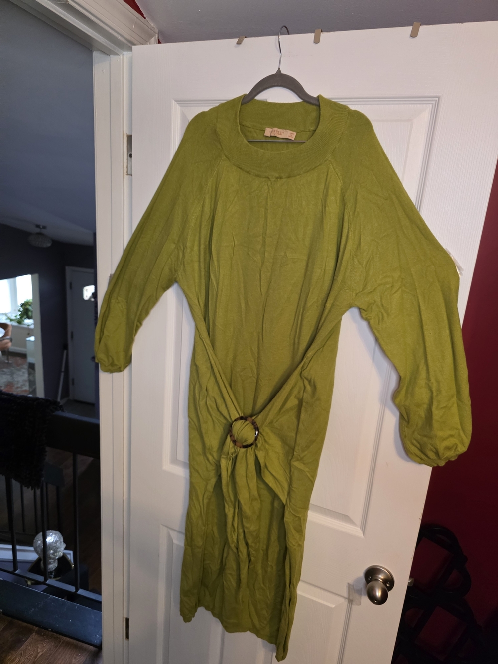 fresh Olive Green Long Sleeve Midi Dress with Waist Ring